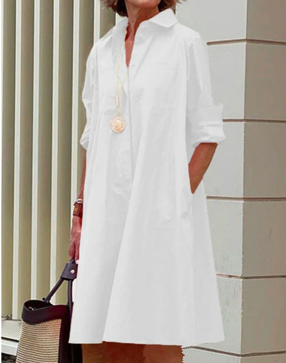 Femme Robe Chemise Midi à Col Chemisier, Manches Longues et Coupe Ample
