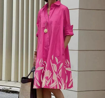 Femme Robe Chemise Midi à Col Chemisier, Manches Longues et Coupe Ample