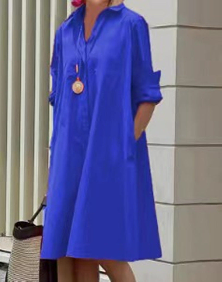 Femme Robe Chemise Midi à Col Chemisier, Manches Longues et Coupe Ample