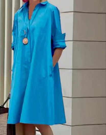 Femme Robe Chemise Midi à Col Chemisier, Manches Longues et Coupe Ample