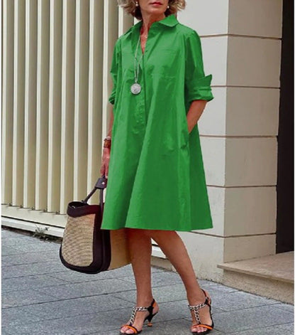 Femme Robe Chemise Midi à Col Chemisier, Manches Longues et Coupe Ample