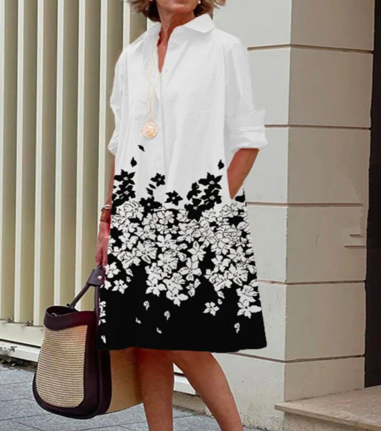 Femme Robe Chemise Midi à Col Chemisier, Manches Longues et Coupe Ample