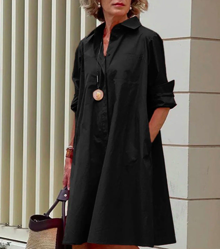 Femme Robe Chemise Midi à Col Chemisier, Manches Longues et Coupe Ample