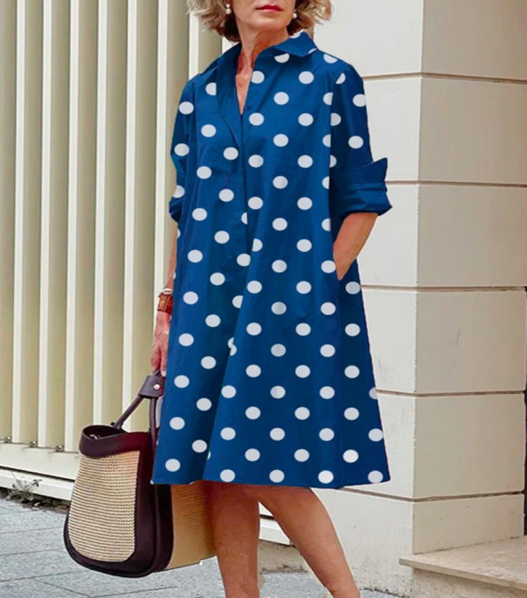 Femme Robe Chemise Midi à Col Chemisier, Manches Longues et Coupe Ample