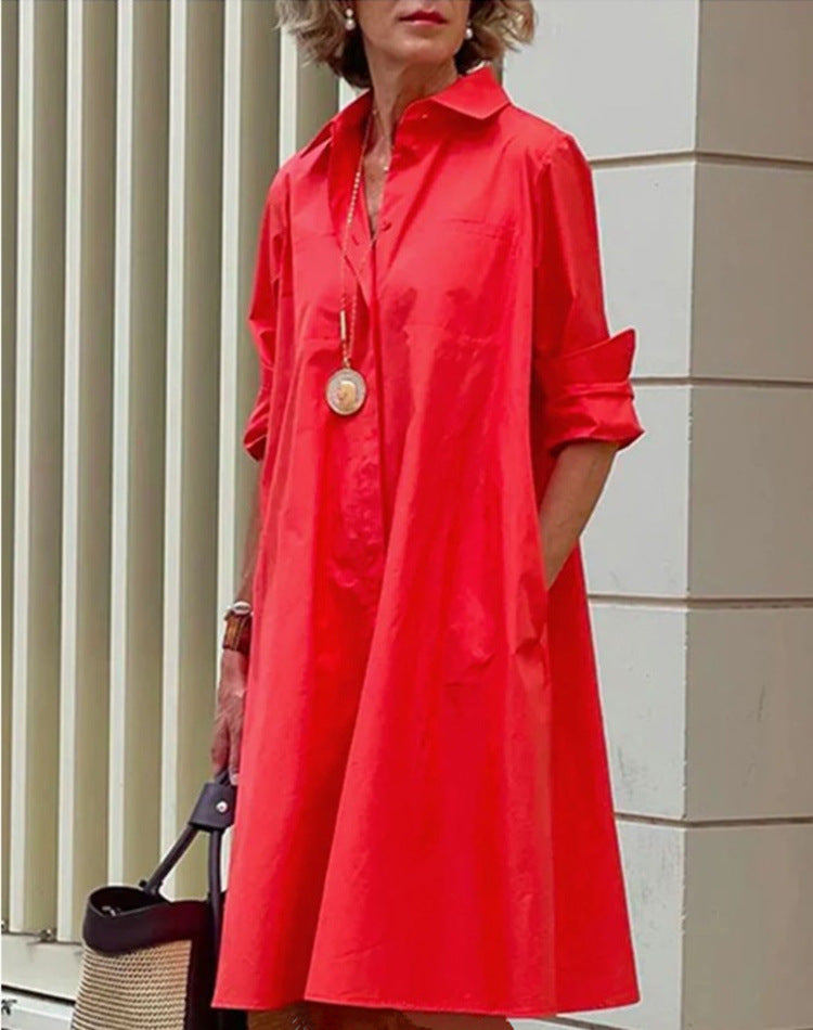 Femme Robe Chemise Midi à Col Chemisier, Manches Longues et Coupe Ample
