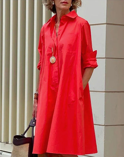 Femme Robe Chemise Midi à Col Chemisier, Manches Longues et Coupe Ample