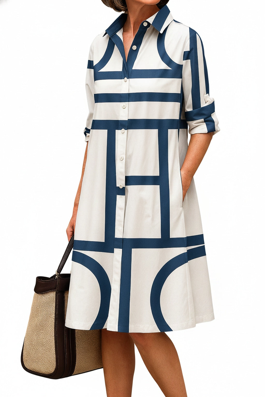 Femme Robe Chemise Midi à Imprimé Géométrique avec Col Chemisier et Boutons