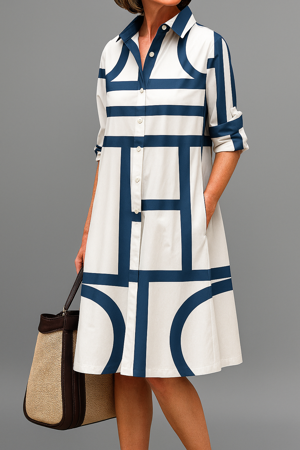 Femme Robe Chemise Midi à Imprimé Géométrique avec Col Chemisier et Boutons