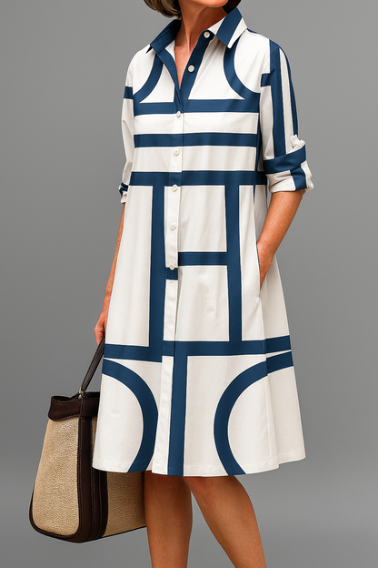 Femme Robe Chemise Midi à Imprimé Géométrique avec Col Chemisier et Boutons