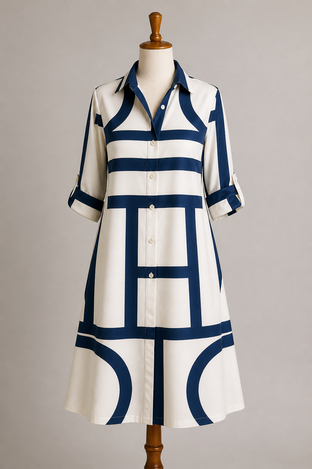 Femme Robe Chemise Midi à Imprimé Géométrique avec Col Chemisier et Boutons