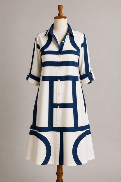 Femme Robe Chemise Midi à Imprimé Géométrique avec Col Chemisier et Boutons