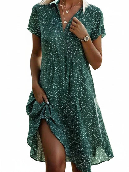 Femme Robe Chemise Midi à Manches Courtes avec Col V et Imprimé à Pois