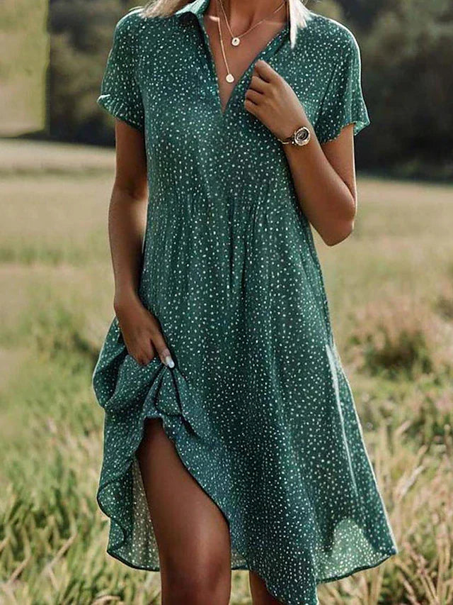 Femme Robe Chemise Midi à Manches Courtes avec Col V et Imprimé à Pois