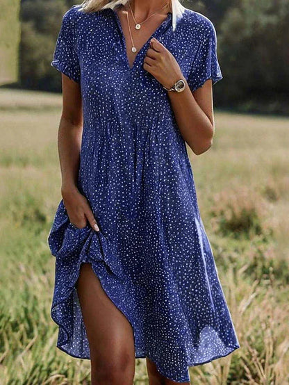 Femme Robe Chemise Midi à Manches Courtes avec Col V et Imprimé à Pois