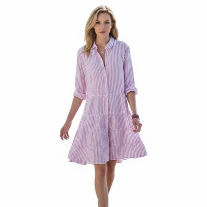 Femme Robe Chemise Rayée à Manches 3/4 avec Col Classique et Jupe Évasée