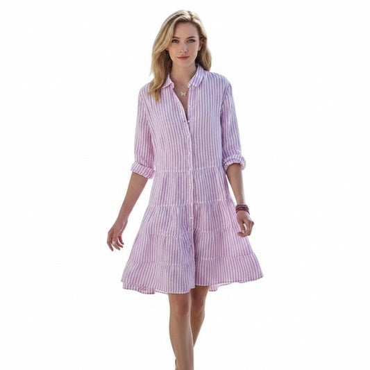 Femme Robe Chemise Rayée à Manches 3/4 avec Col Classique et Jupe Évasée