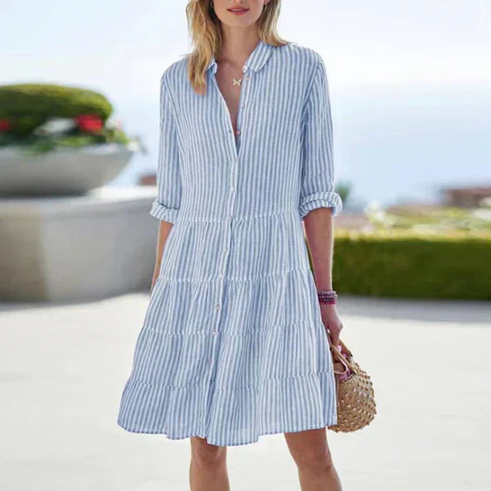 Femme Robe Chemise Rayée à Manches 3/4 avec Col Classique et Jupe Évasée