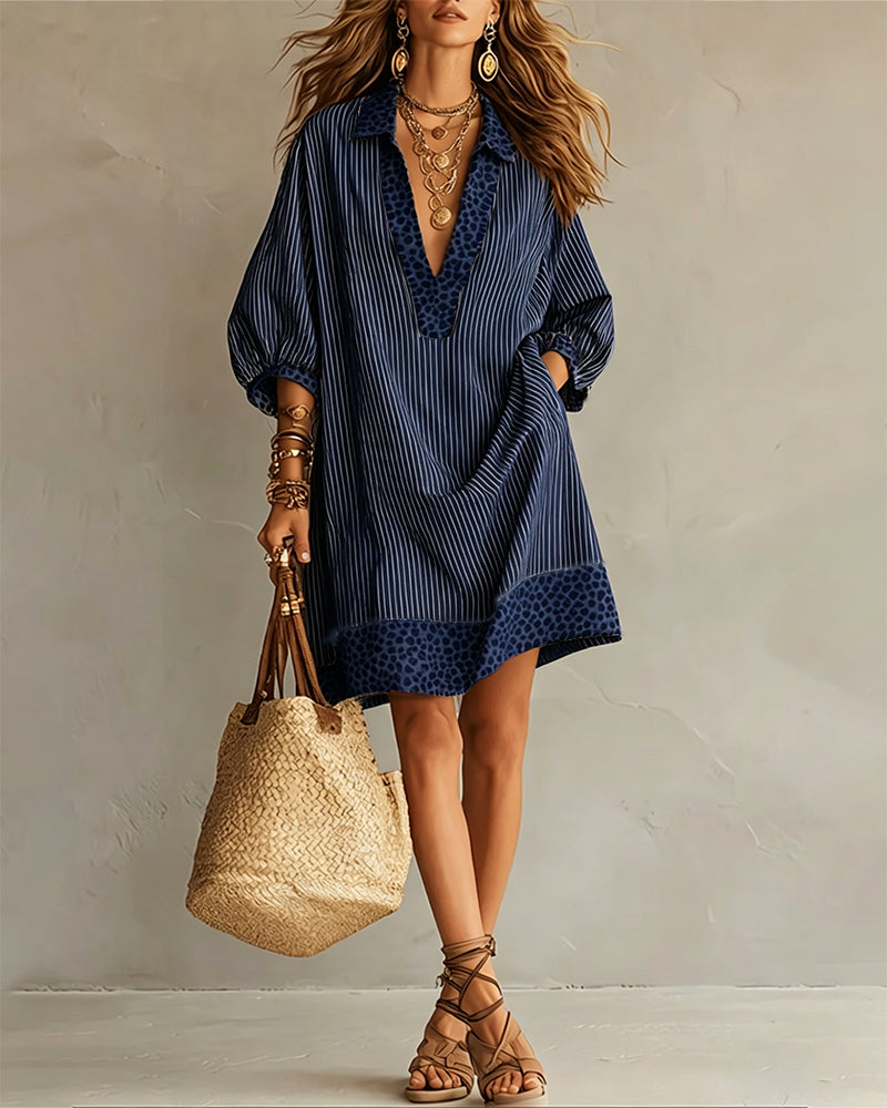 Femme Robe Chemisier Rayée à Imprimé Léopard avec Manches Trois-quarts Bouffantes et Col Chemise