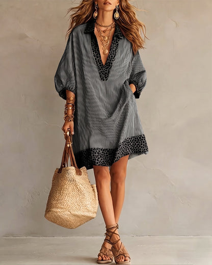 Femme Robe Chemisier Rayée à Imprimé Léopard avec Manches Trois-quarts Bouffantes et Col Chemise