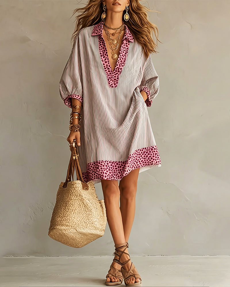 Femme Robe Chemisier Rayée à Imprimé Léopard avec Manches Trois-quarts Bouffantes et Col Chemise