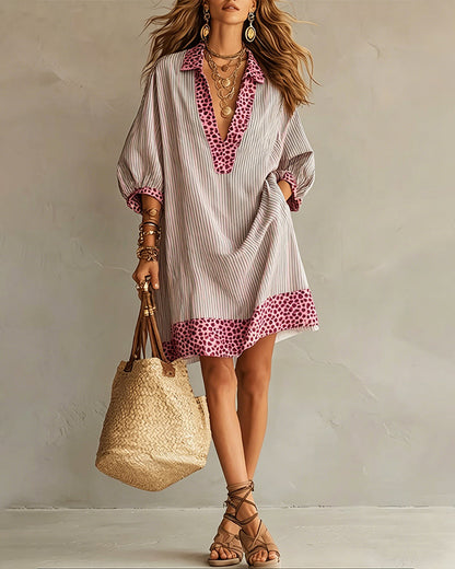 Femme Robe Chemisier Rayée à Imprimé Léopard avec Manches Trois-quarts Bouffantes et Col Chemise