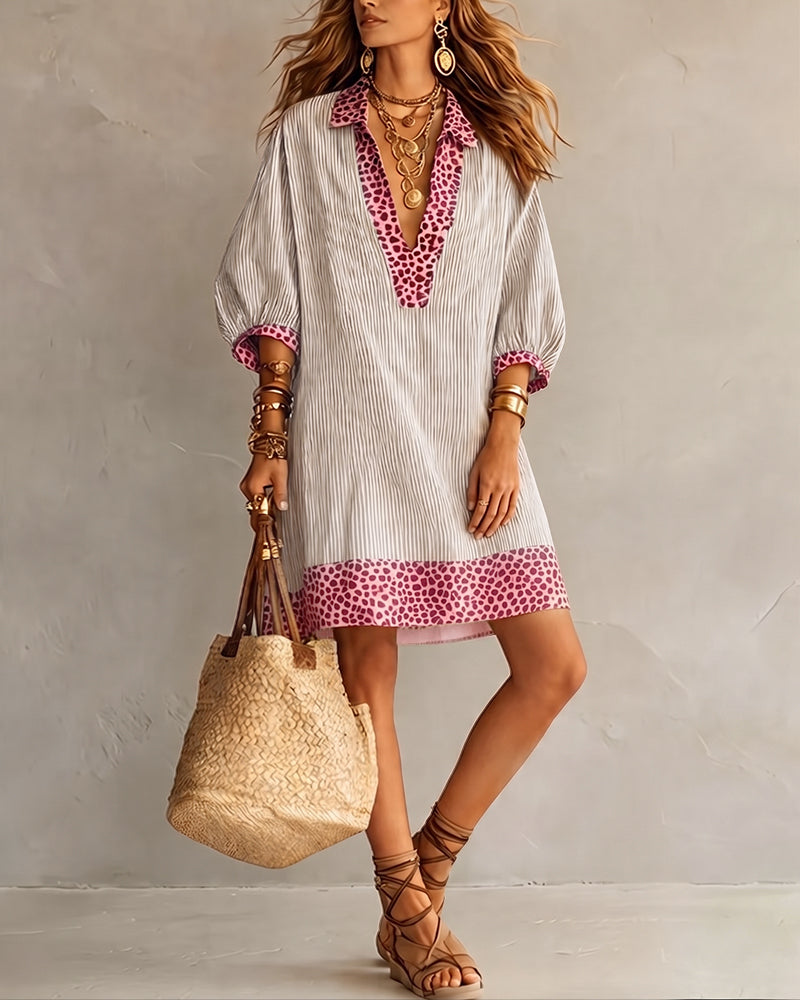 Femme Robe Chemisier Rayée à Imprimé Léopard avec Manches Trois-quarts Bouffantes et Col Chemise
