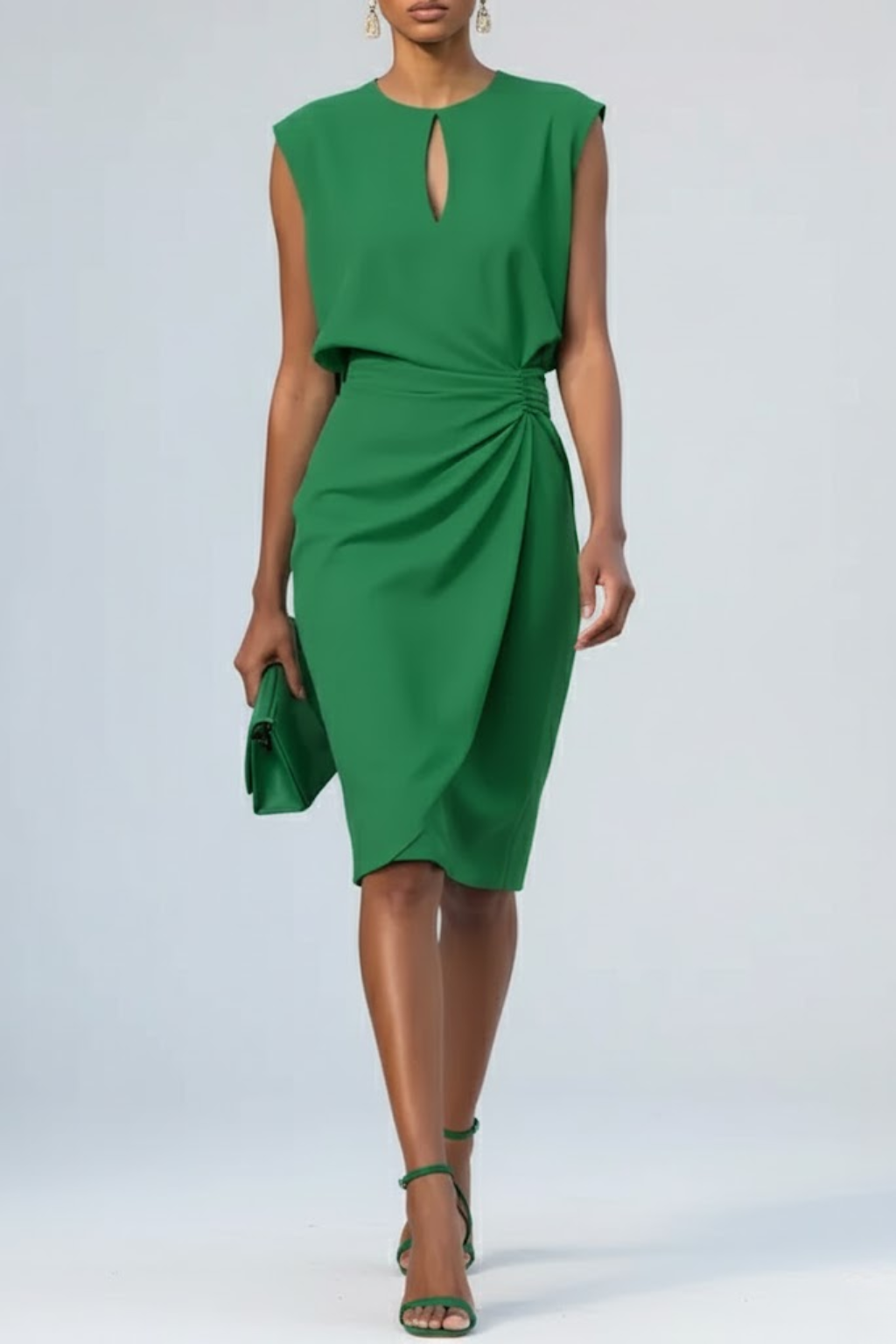 Femme Robe Cocktail Midi Sans Manches avec Col Keyhole et Taille Froncée