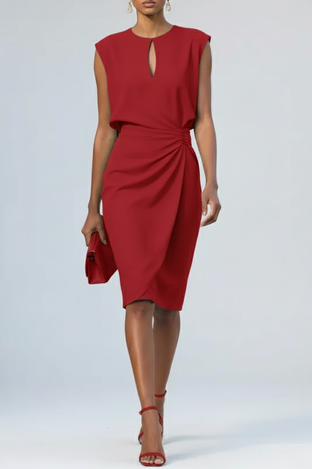 Femme Robe Cocktail Midi Sans Manches avec Col Keyhole et Taille Froncée