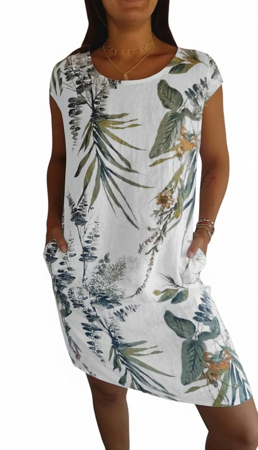 Femme Robe Courte à Col Rond sans Manches avec Imprimé Tropical et Poches