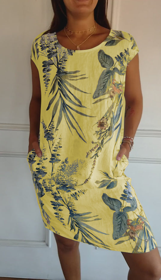 Femme Robe Courte à Col Rond sans Manches avec Imprimé Tropical et Poches