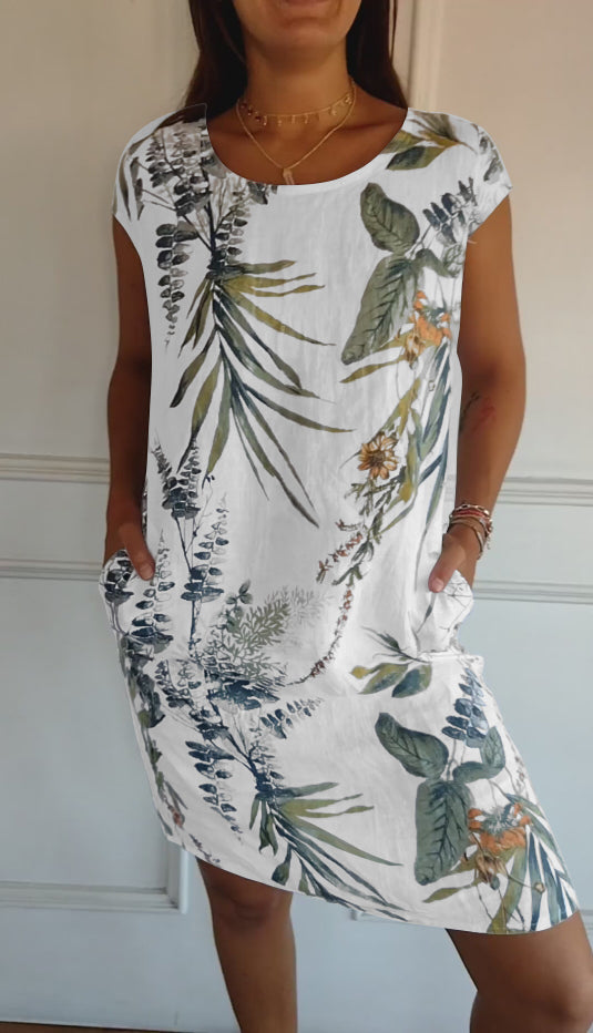Femme Robe Courte à Col Rond sans Manches avec Imprimé Tropical et Poches