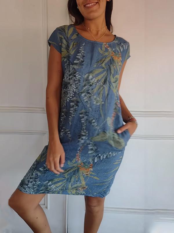 Femme Robe Courte à Col Rond sans Manches avec Imprimé Tropical et Poches