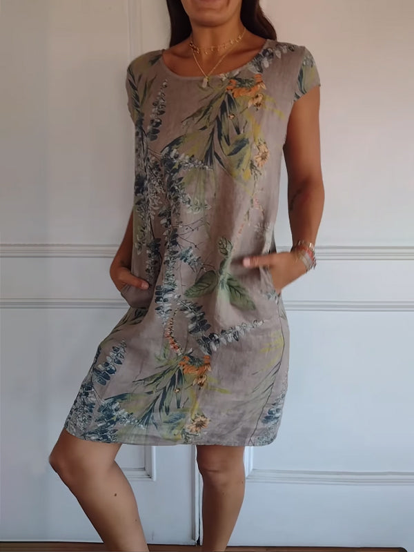Femme Robe Courte à Col Rond sans Manches avec Imprimé Tropical et Poches