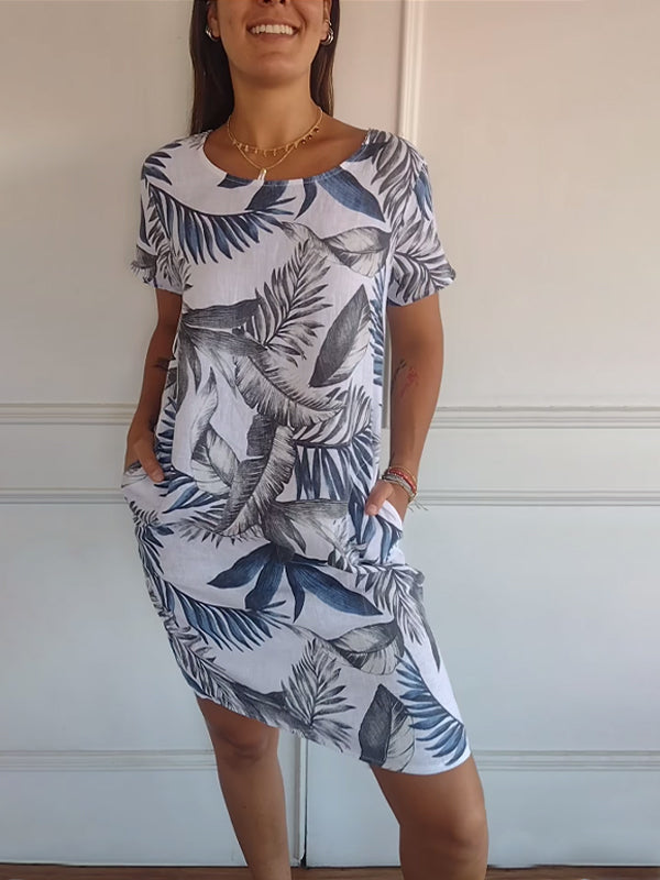 Femme Robe Courte à Col Rond sans Manches avec Imprimé Tropical et Poches