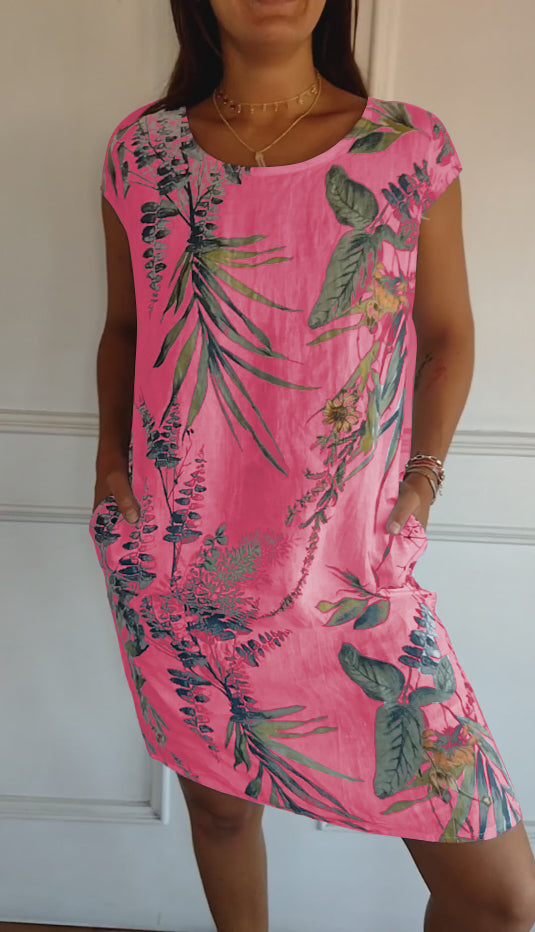Femme Robe Courte à Col Rond sans Manches avec Imprimé Tropical et Poches