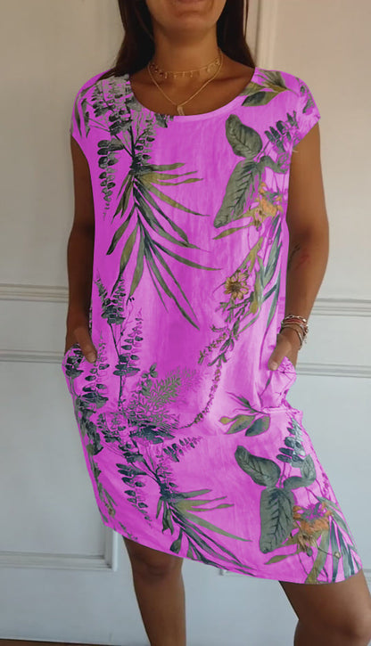 Femme Robe Courte à Col Rond sans Manches avec Imprimé Tropical et Poches