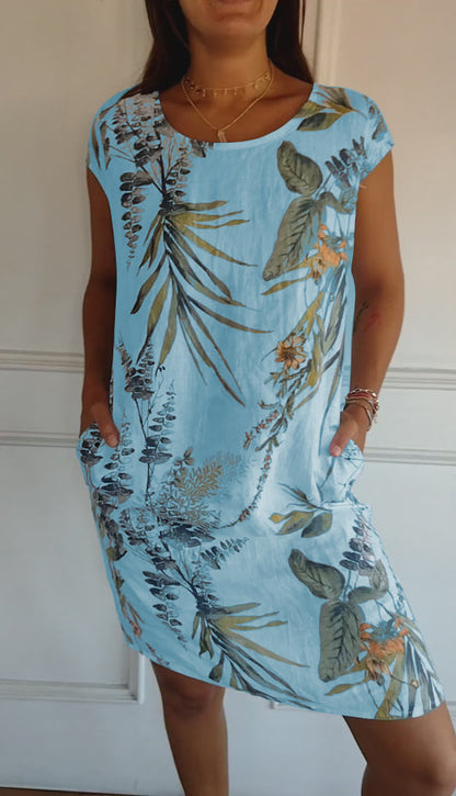Femme Robe Courte à Col Rond sans Manches avec Imprimé Tropical et Poches