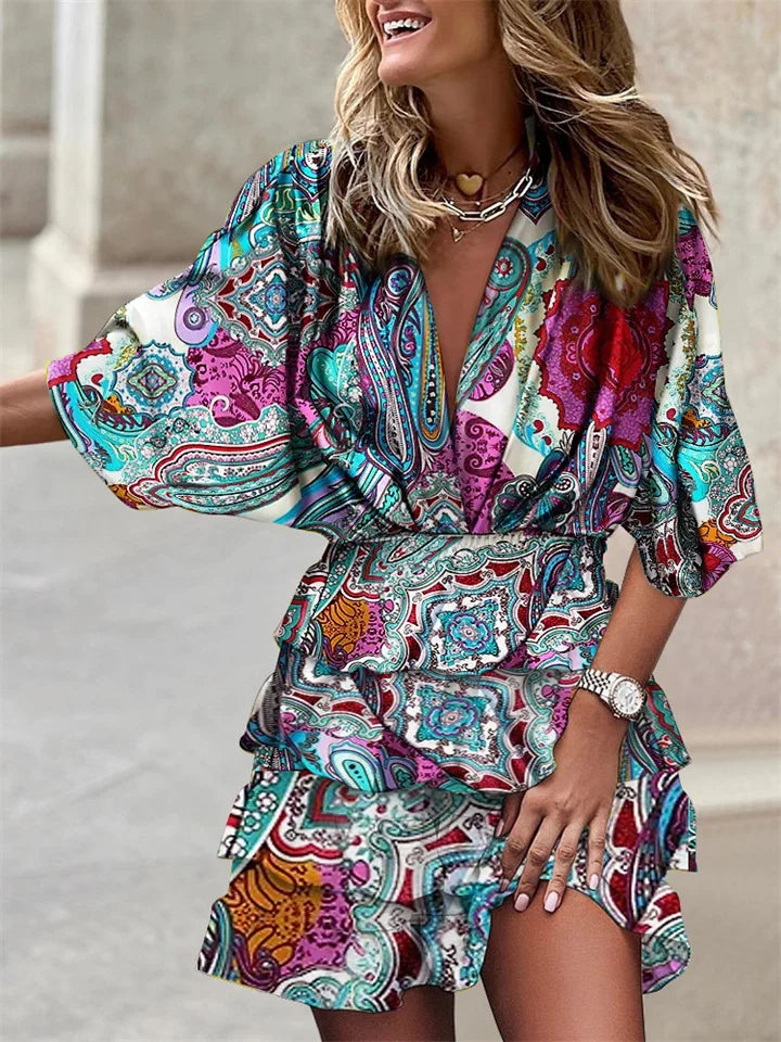 Femme Robe Courte à Imprimé Floral avec Col en V et Volants