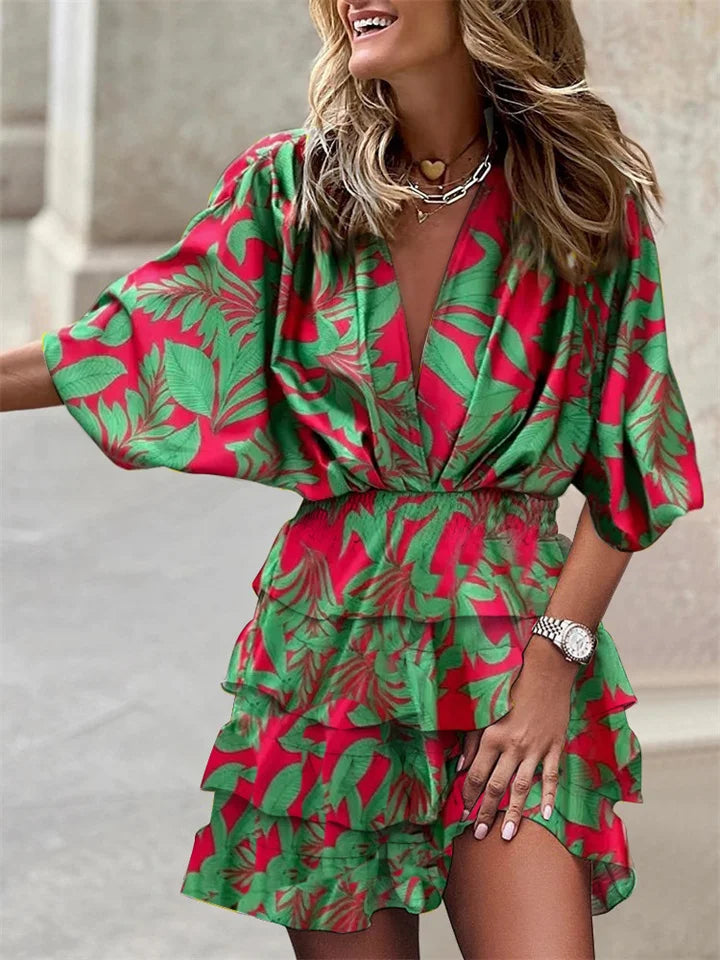 Femme Robe Courte à Imprimé Floral avec Col en V et Volants