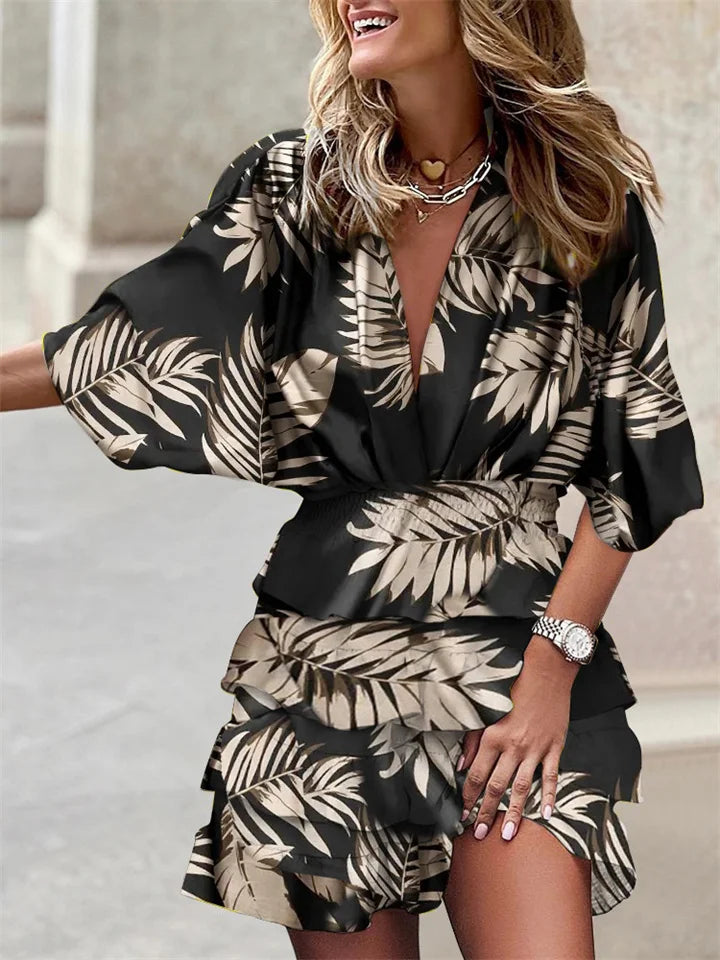 Femme Robe Courte à Imprimé Floral avec Col en V et Volants