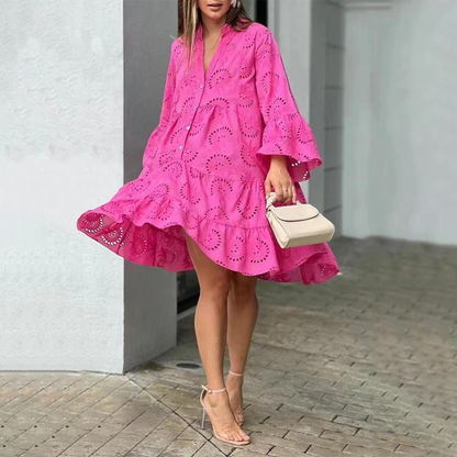 Femme Robe Courte Broderie Anglaise avec Col V et Manches Bouffantes