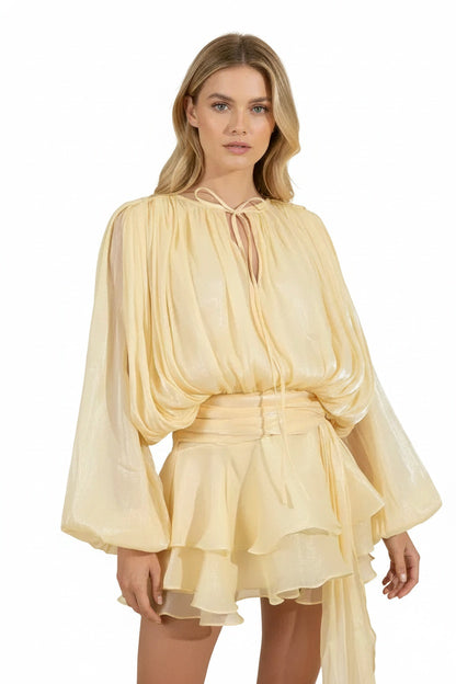 Femme Robe Courte Manches Ballon avec Ceinture et Volants