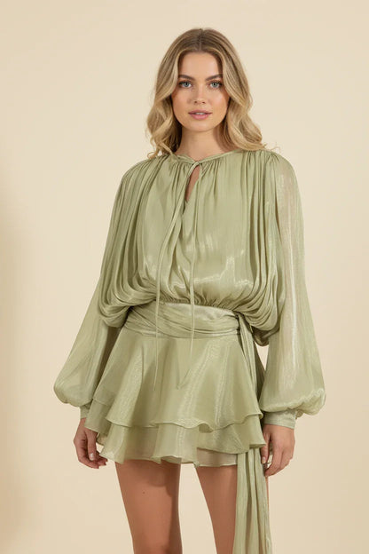 Femme Robe Courte Manches Ballon avec Ceinture et Volants