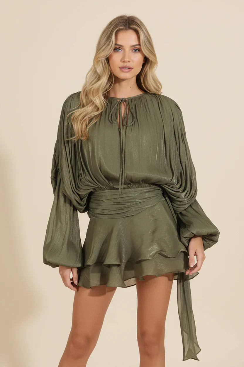 Femme Robe Courte Manches Ballon avec Ceinture et Volants