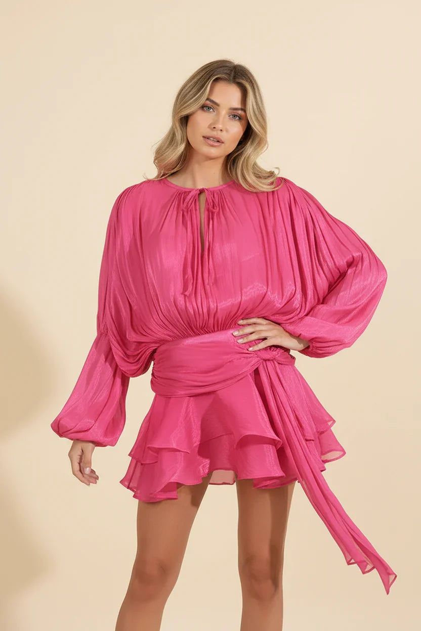 Femme Robe Courte Manches Ballon avec Ceinture et Volants
