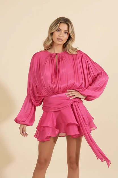 Femme Robe Courte Manches Ballon avec Ceinture et Volants