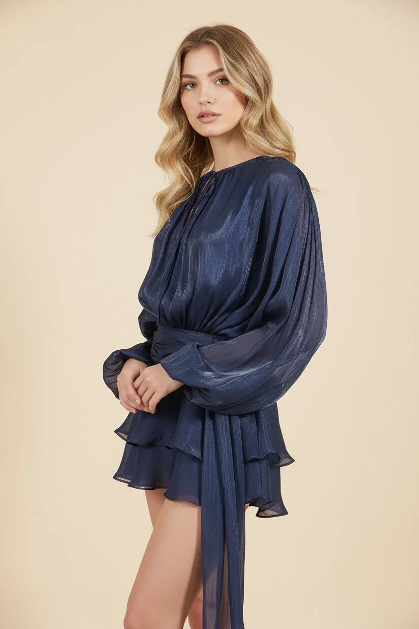 Femme Robe Courte Manches Ballon avec Ceinture et Volants