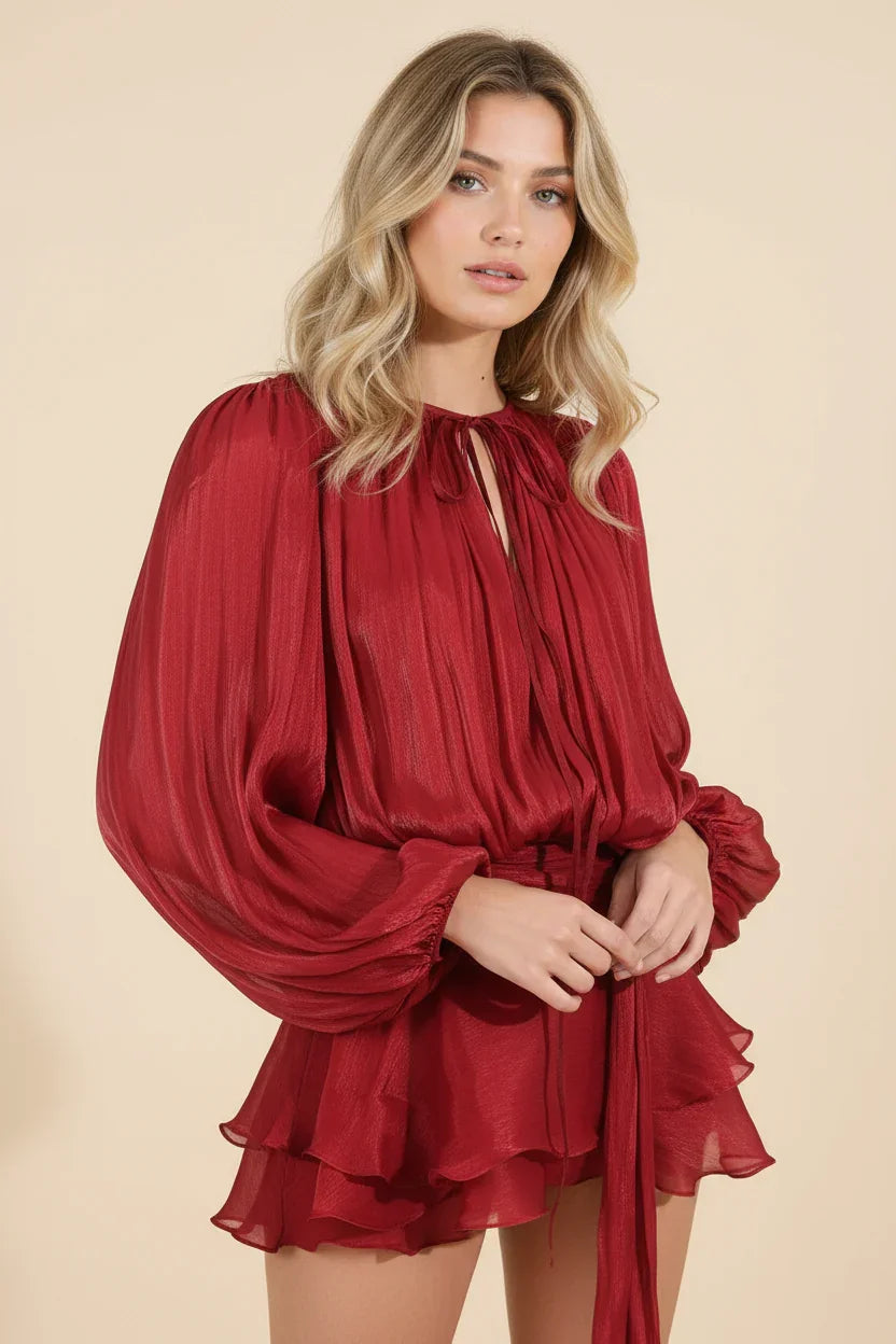 Femme Robe Courte Manches Ballon avec Ceinture et Volants
