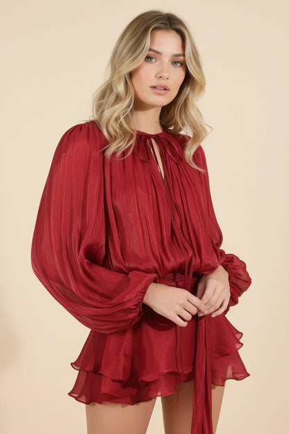 Femme Robe Courte Manches Ballon avec Ceinture et Volants