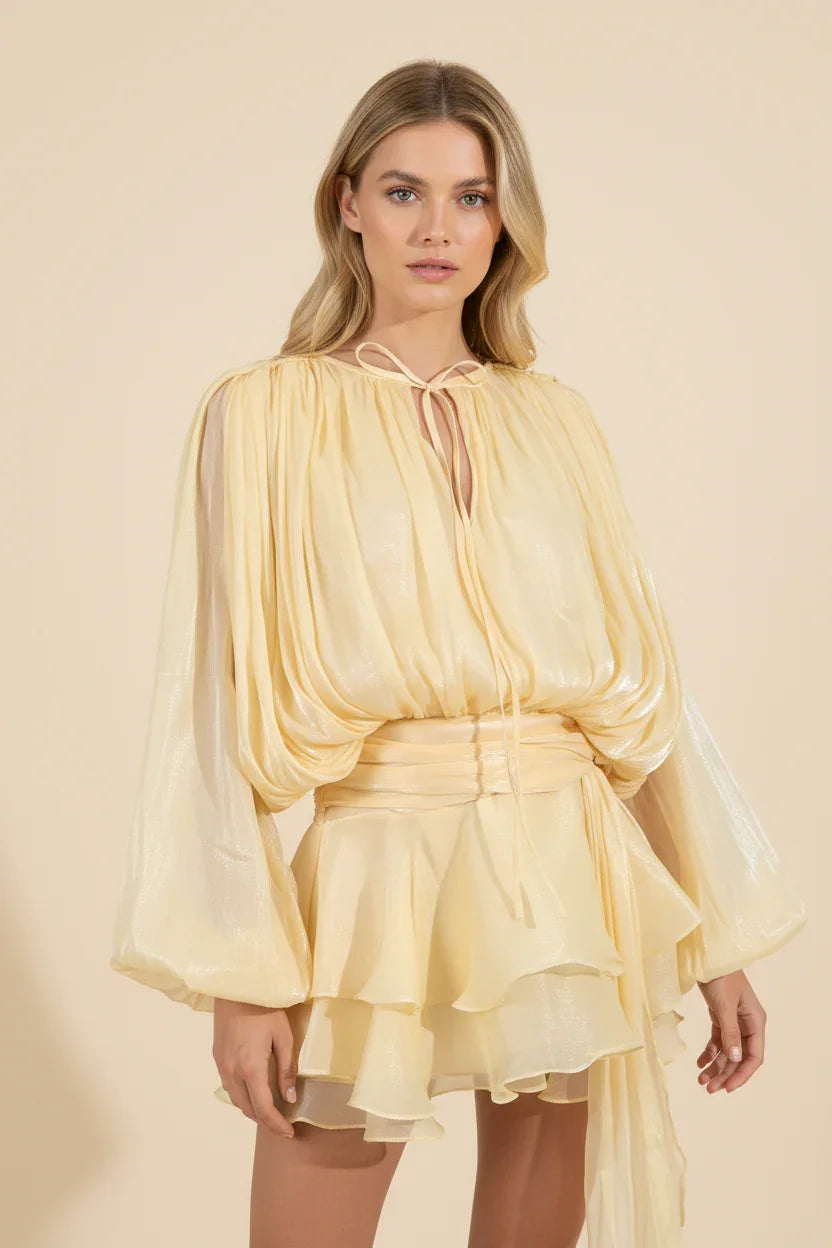 Femme Robe Courte Manches Ballon avec Ceinture et Volants